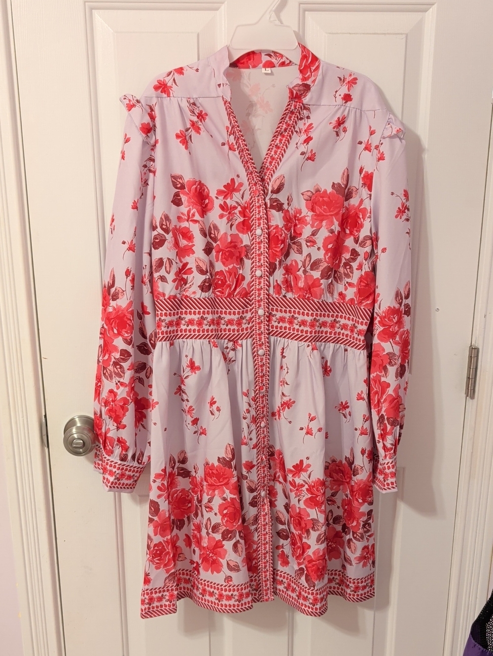Pink Long-Sleeve Floral Midi Dress with Red Rose Print